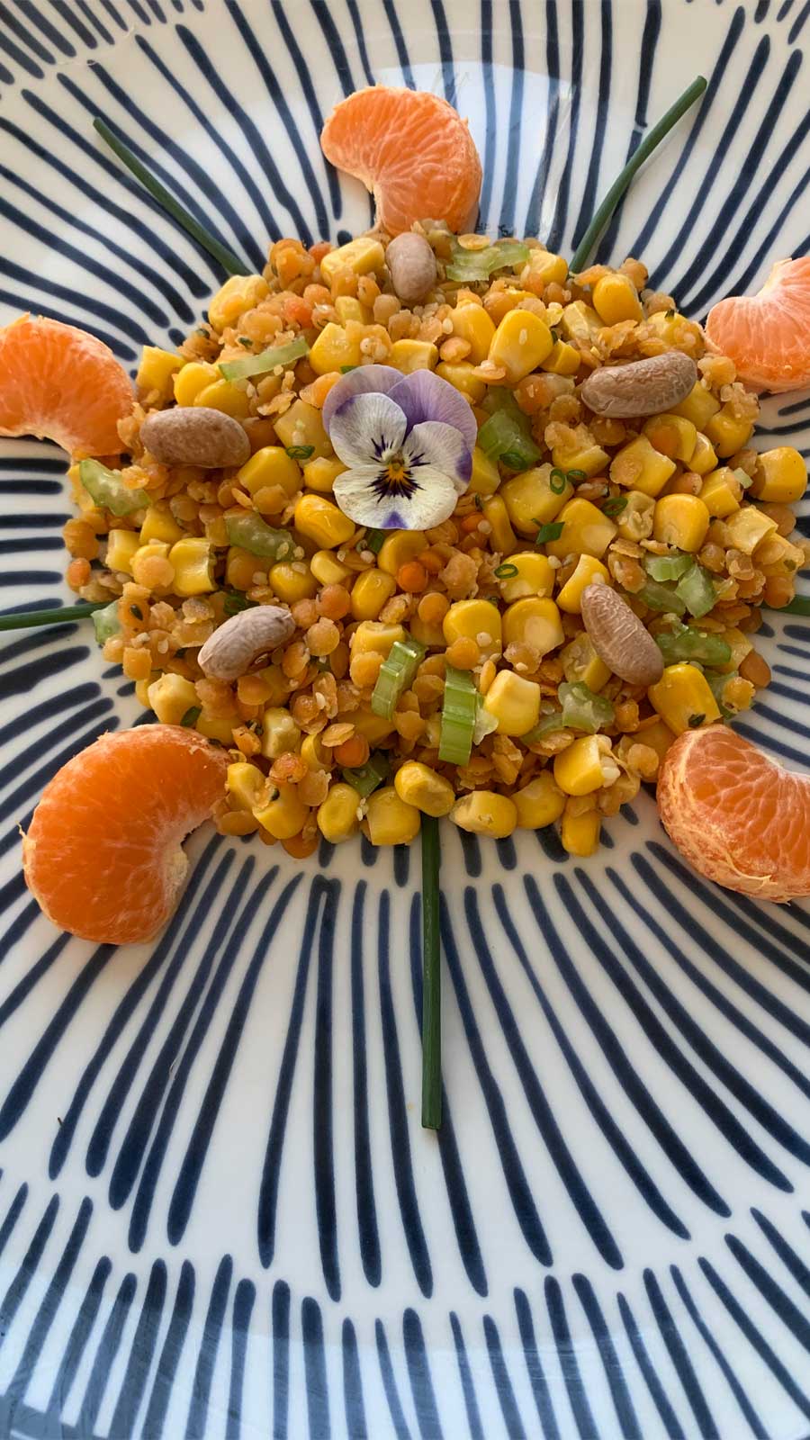 Ensalada de lentejas con espárragos, soja, maíz, apio y crisps de fruta de temporada deshidratadas