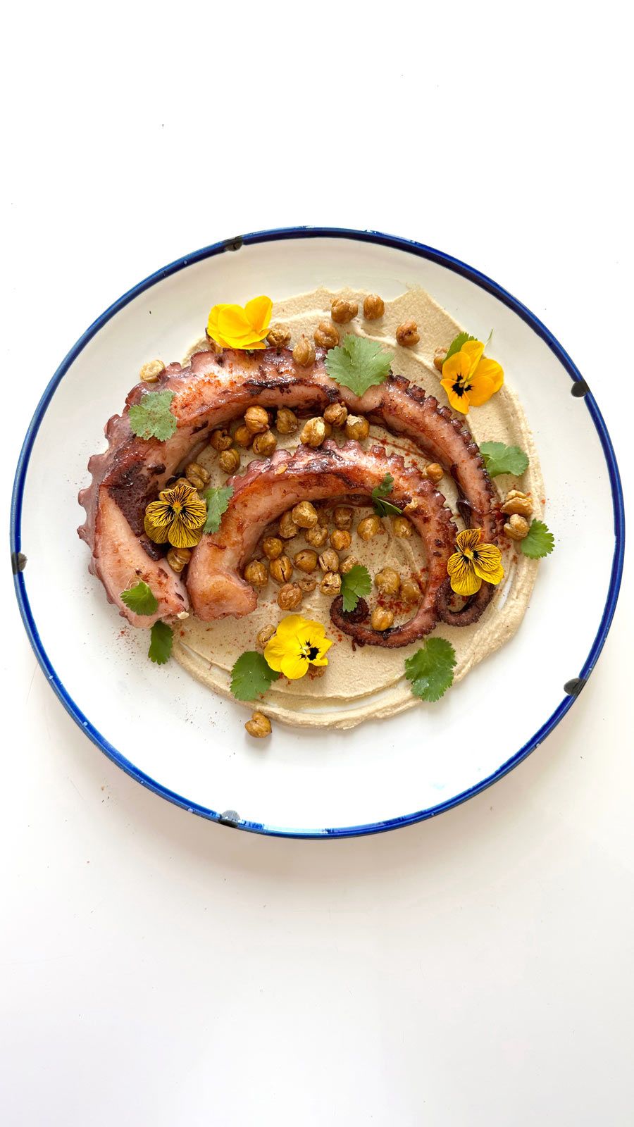 Pulpo con hummus y garbanzos asados
